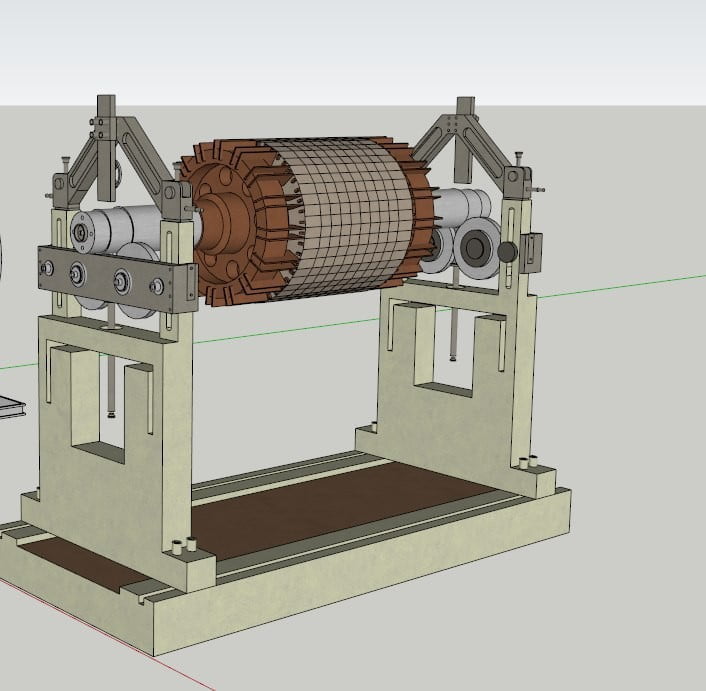 Elektromotor-Rotor auf einer dynamischen Auswuchtmaschine mit Stützlagern und Sensoren für die Schwingungsanalyse